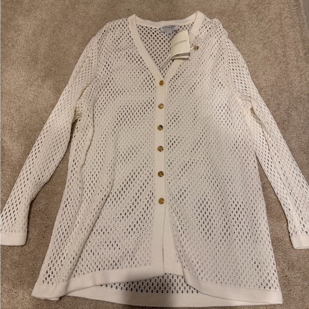 St. John Sport by Marie Gray White/Off white Open-Knit Cardigan Sweater L NWT